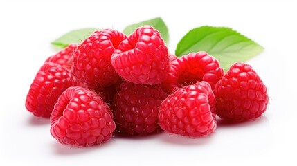 Fresh ripe raspberries clustered with green leaves on a clean white background showcasing their vibrant color and healthy appeal