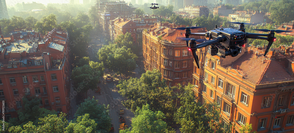 Poster drones collecting data on urban infrastructure for advanced smart city development