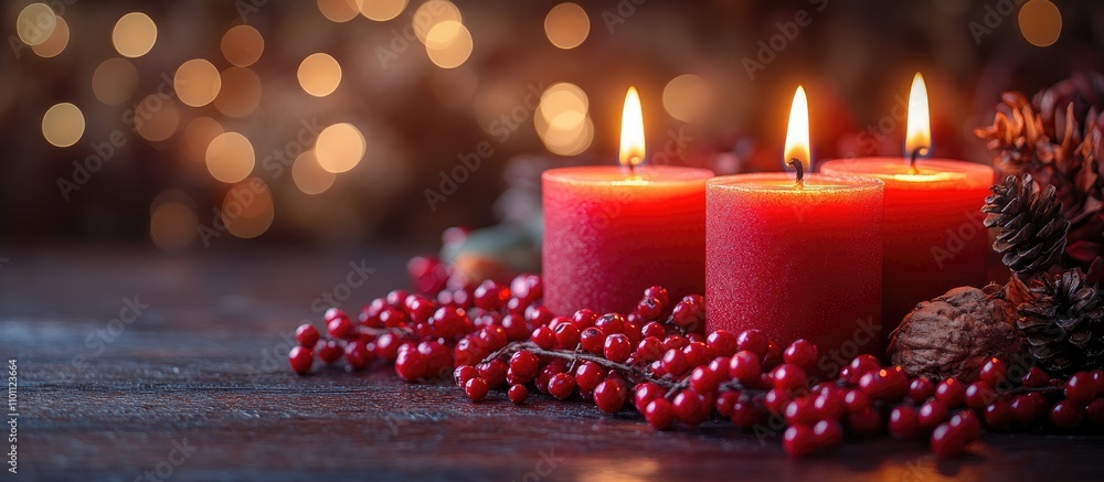 Poster Festive candles glowing with red berries on a rustic wooden table creating a warm and inviting holiday atmosphere.