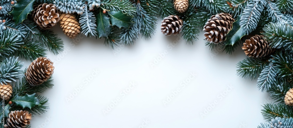 Poster Holiday decorations featuring pinecones and evergreen branches creating a festive winter border on a wooden table background.