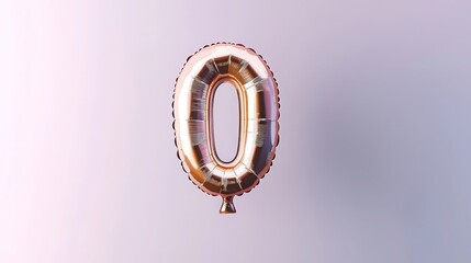 A rose gold balloon number "0" floating solo against a soft lavender to light gray gradient background, with subtle shadows and reflections to give it a 3D metallic effect.