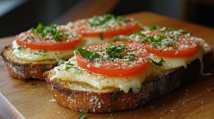 Bruschetta topped with fresh tomatoes, melted cheese, basil, and microgreens on rustic bread for a vibrant culinary presentation