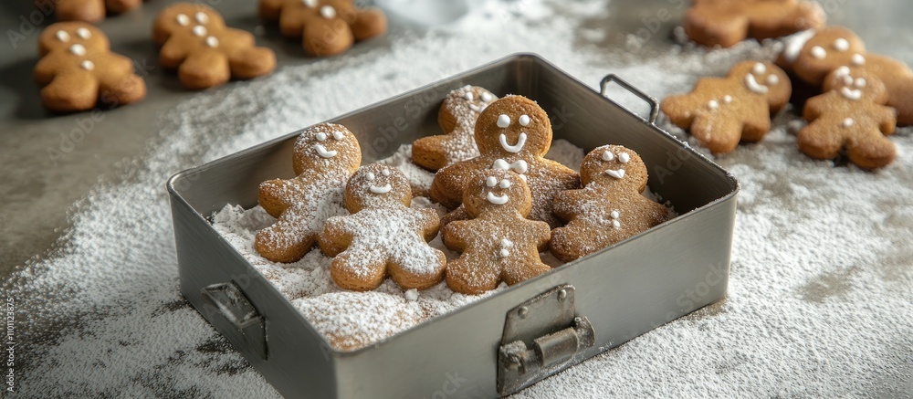Poster gingerbread cookies in a rustic zinc box on a table dusted with powdered sugar creating a wintery fe