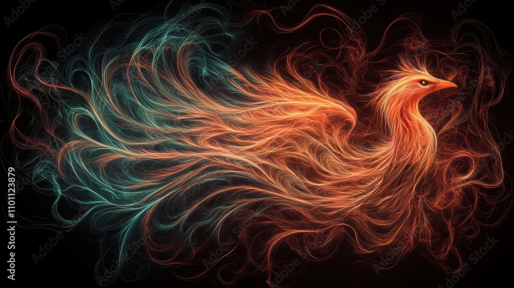 Poster a vibrant, abstract representation of a phoenix, showcasing flowing flames and feathers in striking 
