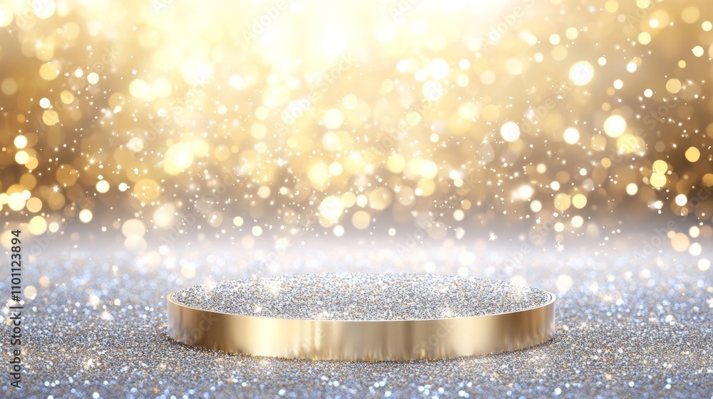 Poster sparkling gold platform with shimmering bokeh background effect