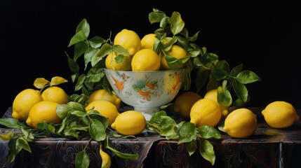 Vibrant still life of fresh lemons in a decorative bowl surrounded by green leaves on a dark background showcasing natural beauty and abundance