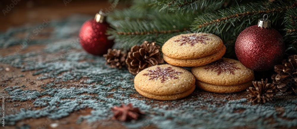 Poster Christmas cookies decorated with snowflake patterns nestled beside a festive tree with ornaments and pinecones on a rustic wooden surface