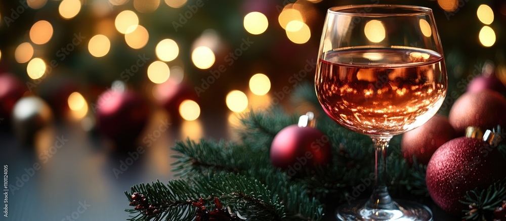 Aufkleber elegant christmas table setting with a glass of wine surrounded by festive decorations and soft boke