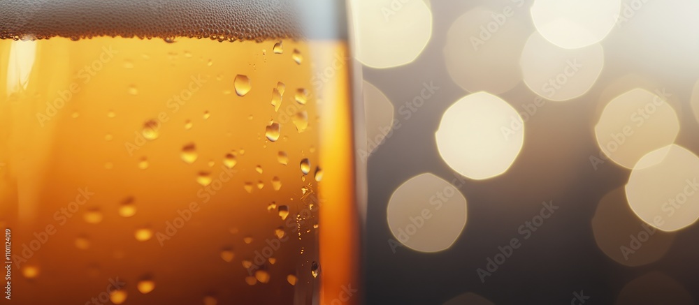 Poster Golden beer glass with droplets against a soft bokeh background creating a warm and inviting atmosphere for beverage advertisements.