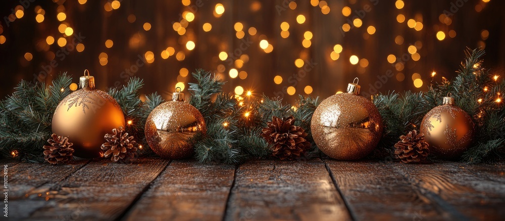 Poster elegant christmas ornaments and pinecones arranged on a rustic wooden surface with soft glowing ligh