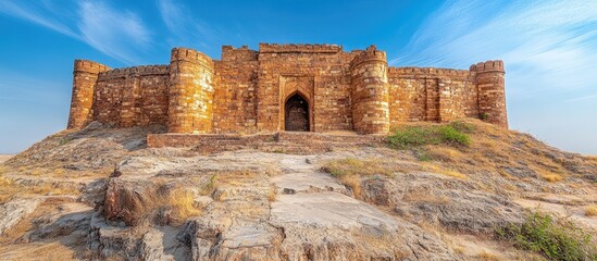 Historic ancient brick fortress on a rocky hill against a bright blue sky showcasing architectural heritage and historical significance.