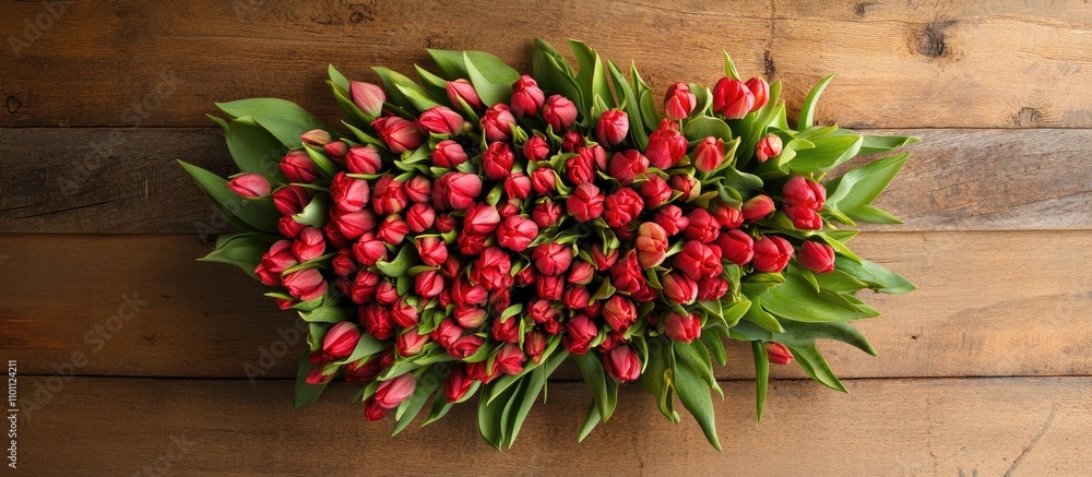 Poster Vibrant bouquet of red tulips on rustic wooden surface with ample negative space for personalized text or branding messages