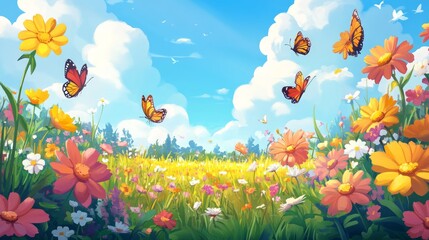 Fototapeta premium Vibrant wildflowers and butterflies in a sunny meadow landscape.