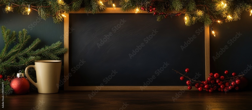 Poster cozy christmas scene with glowing garland in a cup surrounded by fir branches and rowan berries on a