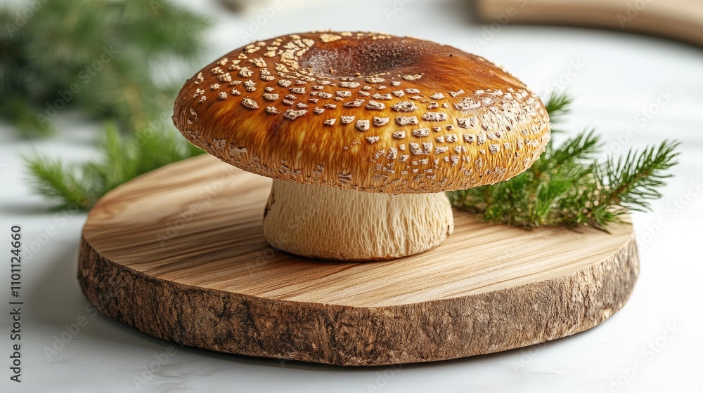 Poster boletus edulis mushroom on wooden board with greenery captured against a light background in a natur