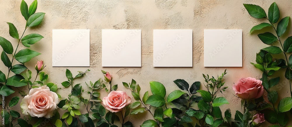 Poster business card mockup with roses and greenery on a rustic beige background ideal for corporate identi
