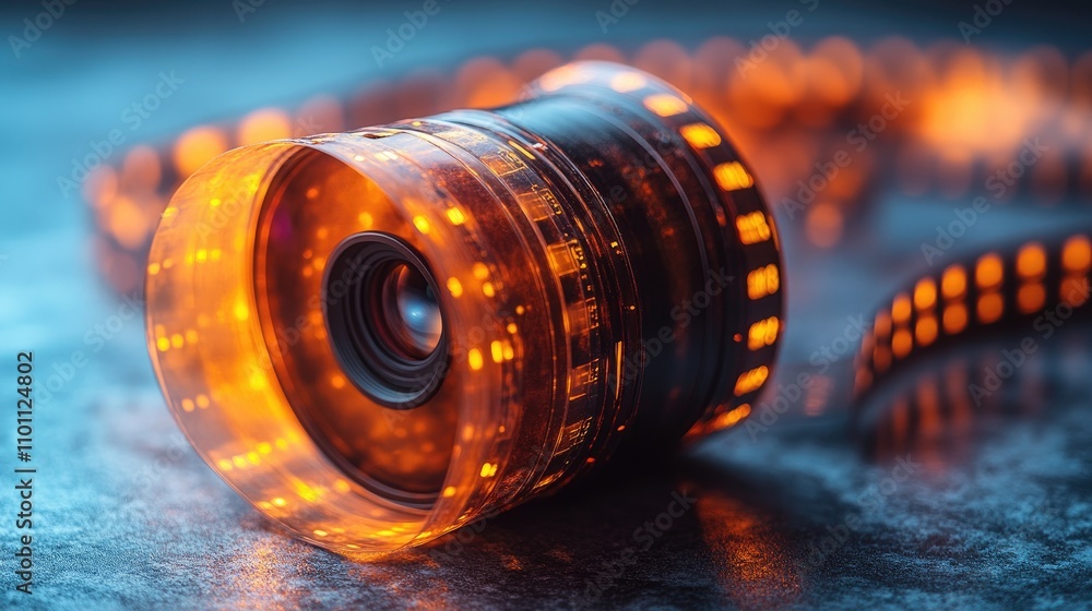 Poster medium format film frame with 120mm film material illuminated in cool light against a textured surfa