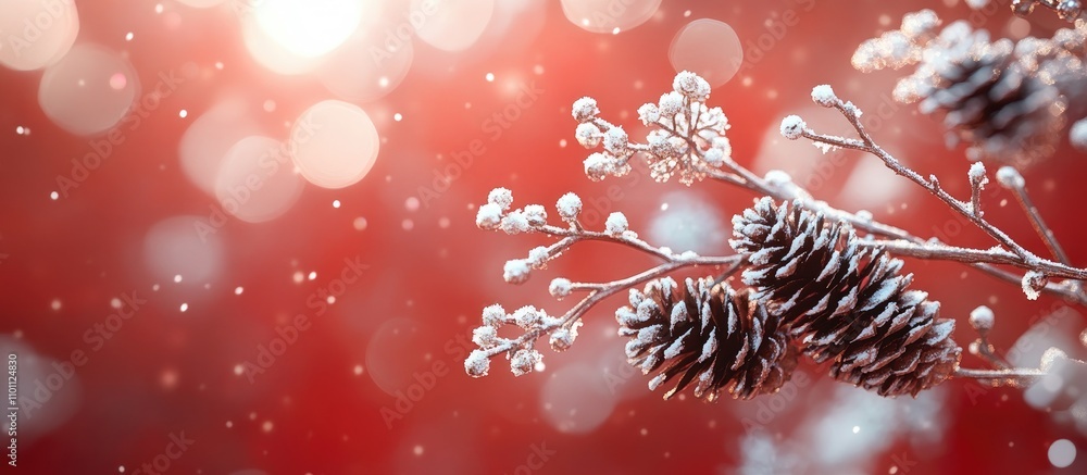 Poster christmas and new year festive scene with pine cones and snowflakes on red backdrop ideal for greeti