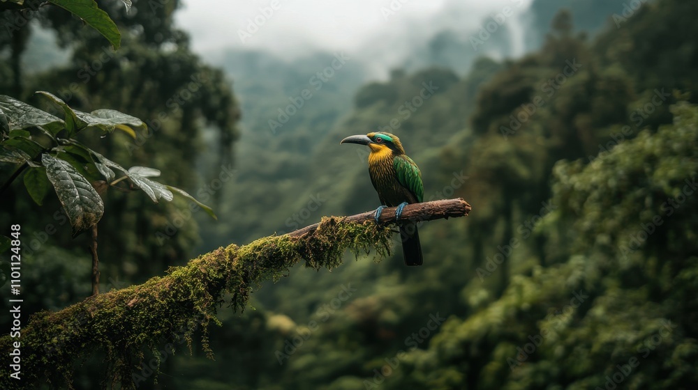 Poster a vibrant bird perched on a mossy branch amidst lush green forest, creating a serene and captivating