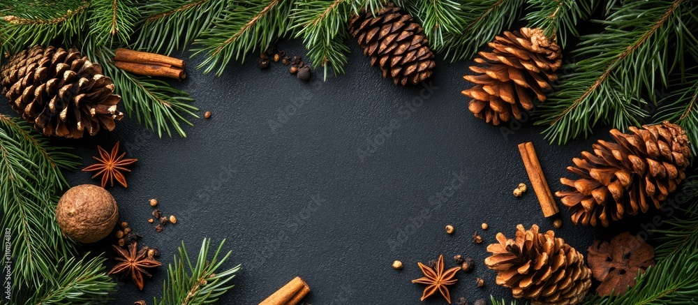 Aufkleber festive christmas arrangement with pine cones fir branches and spices on black background top view f