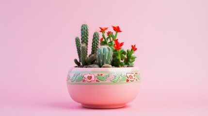 Ceramic decorative pot with cactus and floral design on soft pink background eco-friendly planter for stylish home decor