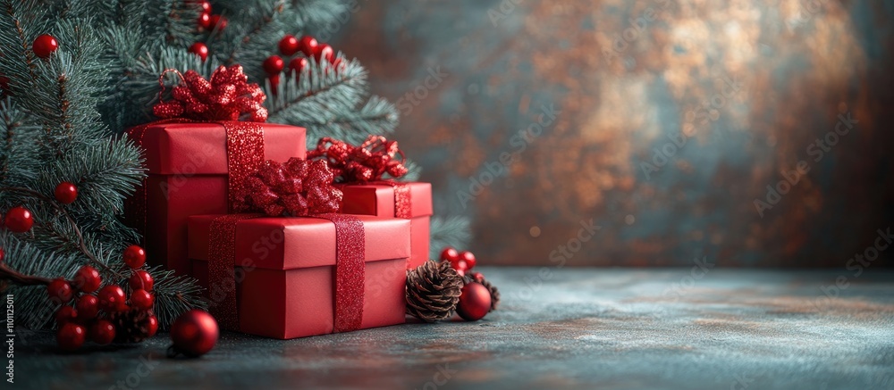 Poster red christmas gift boxes with decorative elements arranged on a textured surface surrounded by pine 
