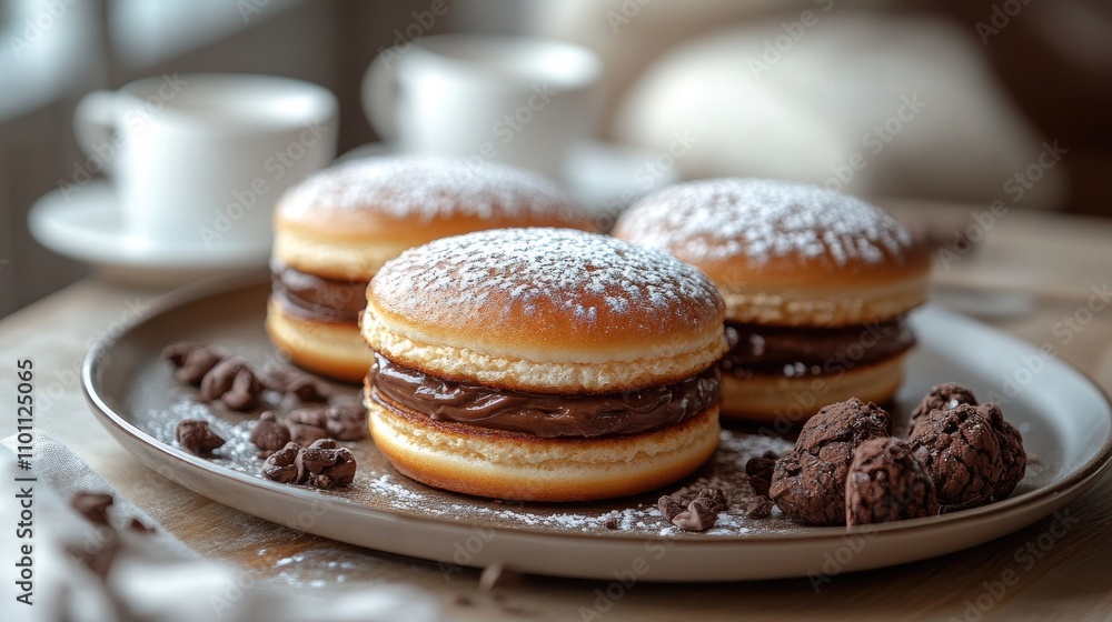 Poster chocolate cream sandwiches on a tray with coffee cups ready for a delightful breakfast setting in a 