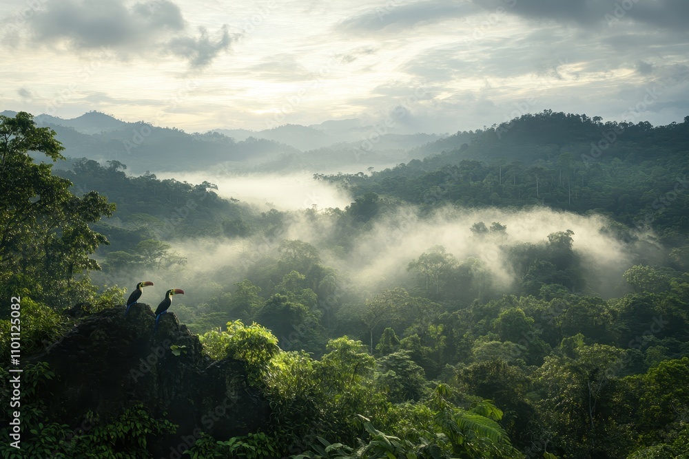 Poster a breathtaking landscape showcasing lush forests and misty mountains under a cloudy sky, creating a 