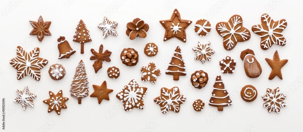 Poster gingerbread christmas cookies arranged in a flat lay with festive shapes and decorations on a white 
