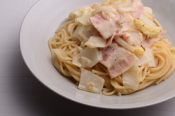 白菜とベーコンのクリームパスタ