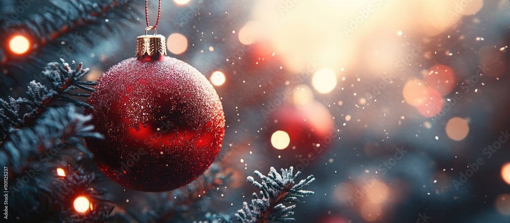 Aufkleber christmas ornament on a snow-covered tree with beautiful bokeh lights and copy space for festive gre
