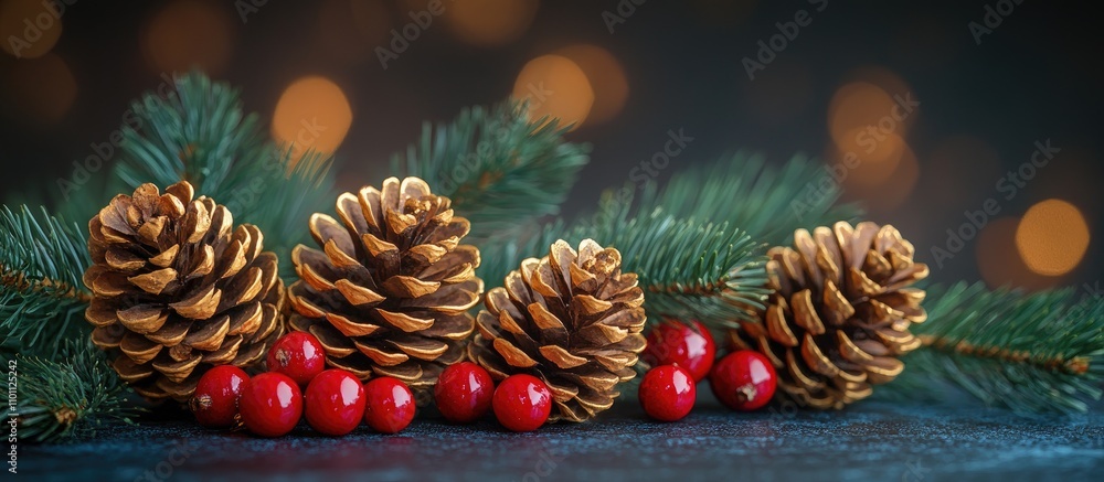 Poster christmas card design featuring pine cones and red berries with evergreen branches creating a festiv