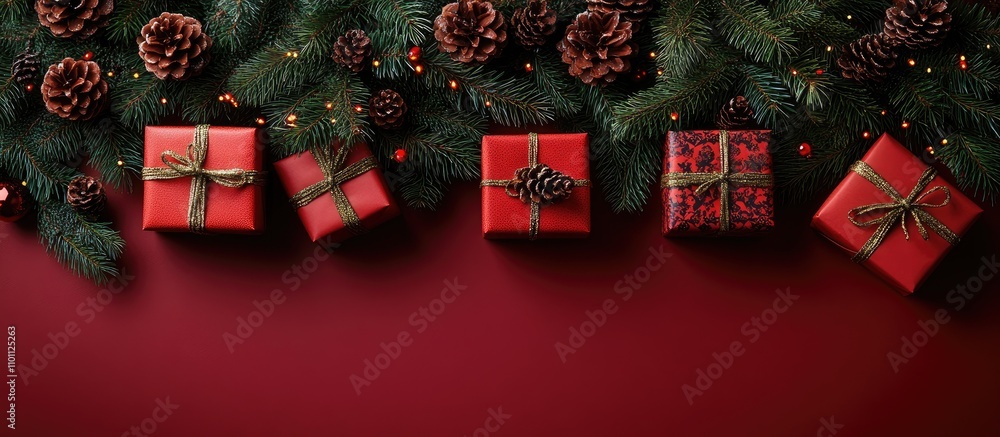 Poster festive red gift boxes decorated with fir branches and pine cones on a red background ideal for wint