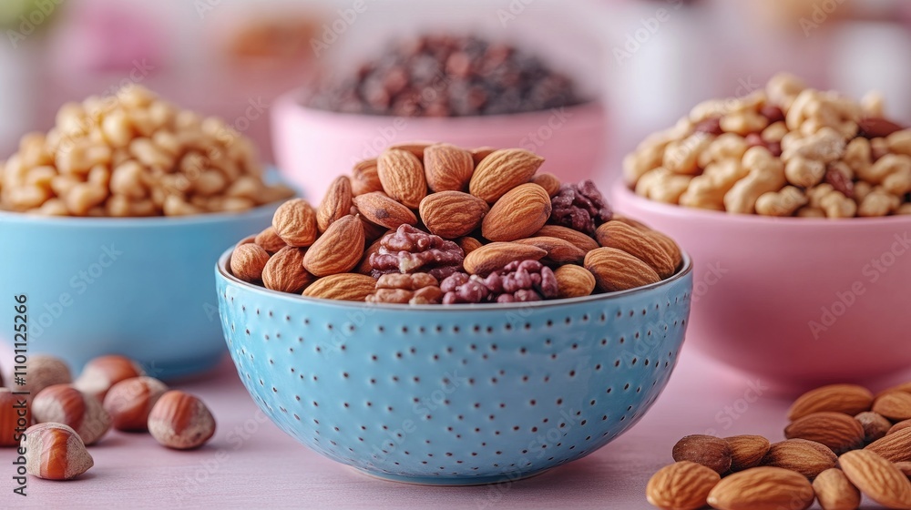 Poster assorted nuts in colorful bowls arranged on a table, showcasing a variety of textures and colors for