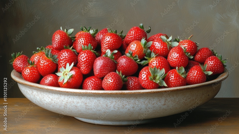Poster fresh and vibrant strawberries piled high in a rustic bowl against a neutral backdrop showcasing the