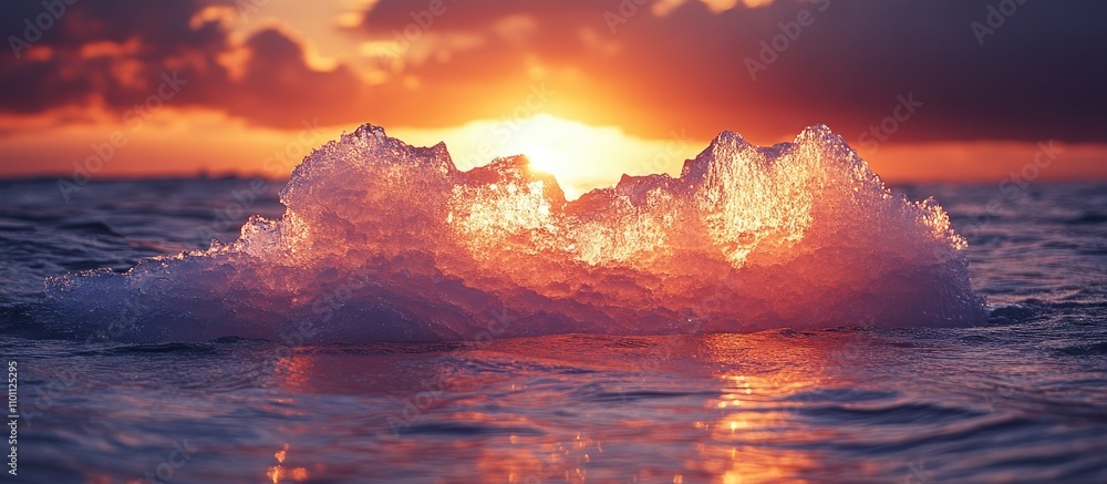 Poster stunning sunset reflecting on ocean waves with ice formations creating a mesmerizing natural scene o