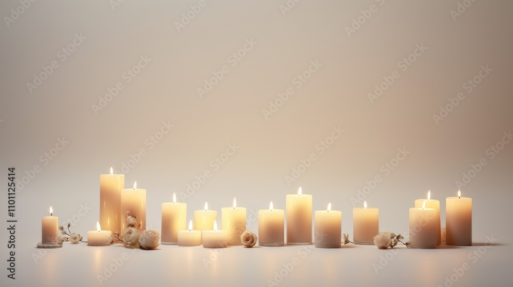 Poster elegant arrangement of various candles with soft lighting on a neutral background creating a serene 