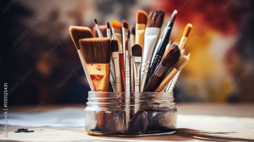 Poster artistic brushes displayed in a jar on a wooden table with a colorful blurred background showcasing 