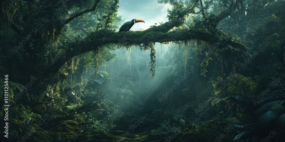 Aufkleber A serene rainforest scene featuring a toucan perched on a moss-covered branch, illuminated by soft rays of sunlight filtering through dense foliage.