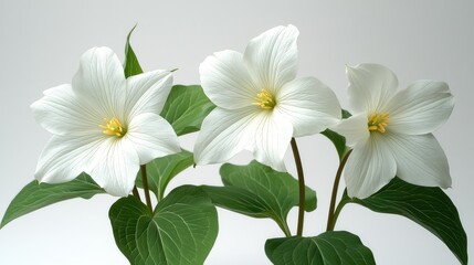 Large flowered Trillium Flore Pleno variety with vibrant white blooms and lush green leaves on a clean background in natural light