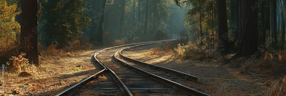 Poster sunlit railroad tracks curve through misty forest.