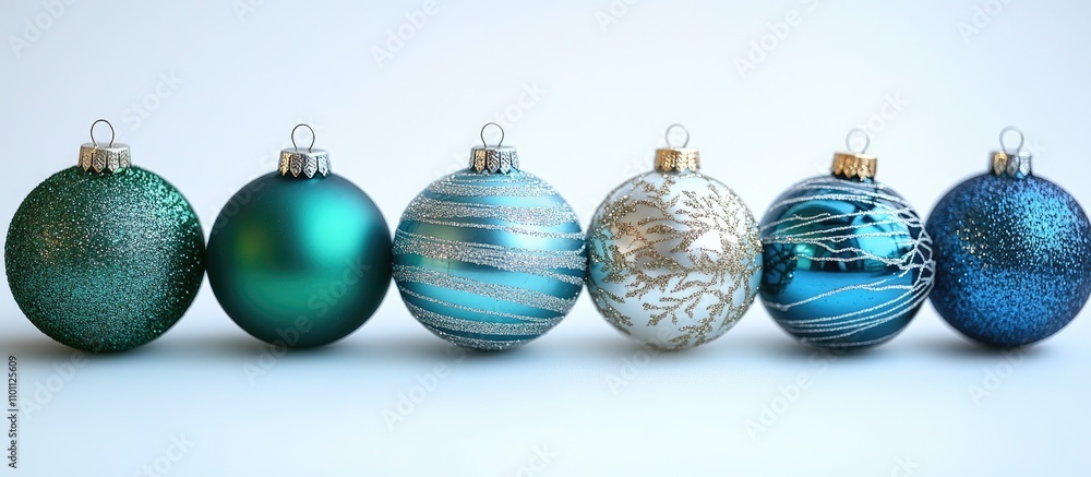 Poster colorful christmas ornaments in green and blue arranged in a row casting soft shadows on a clean whi