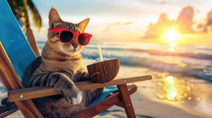 Relaxed Cat in Sunglasses Enjoying Tropical Beach Sunset