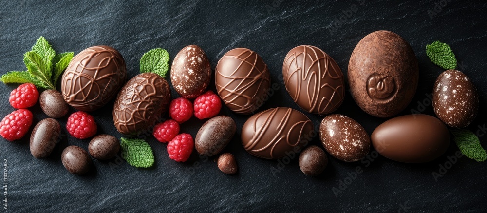 Poster chocolate easter eggs and delightful treats arranged on a dark slate backdrop with fresh mint and be