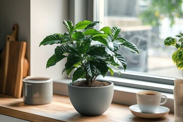 Fototapeta premium A potted coffee plant on a windowsill in a modern kitchen, with a cup of coffee and a cutting board in the background.