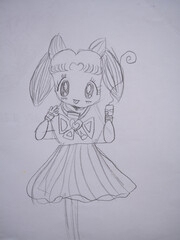 Pencil sketch of girl in sailor-style dress with heart detail, featuring playful pose and detailed elements. Expressive face and charming attire highlight creativity and whimsical touch, embodying chi