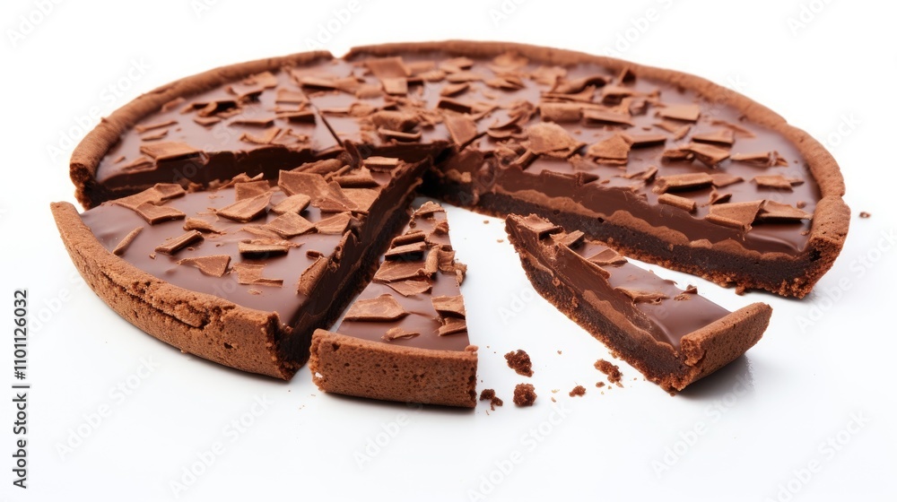 Poster chocolate pie with chocolate shavings sliced on a white background showcasing delicious dessert pres