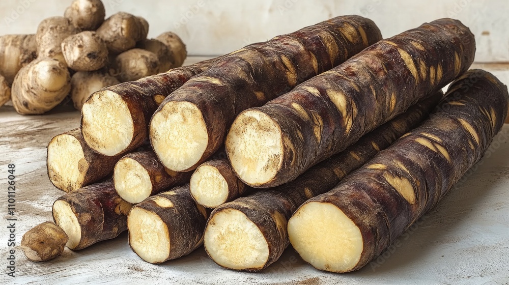 Poster Fresh cassava tubers arranged on a wooden surface showcasing their unique texture and color against a rustic backdrop.