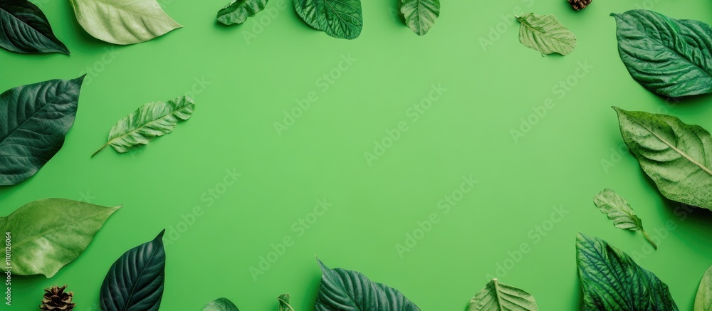 Poster green background with assorted leaves and pinecones creating a natural frame for text and design ele