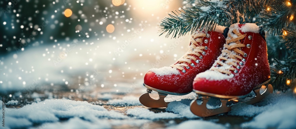 Poster festive christmas decoration with red skates and snow on a fir branch in a winter wonderland setting
